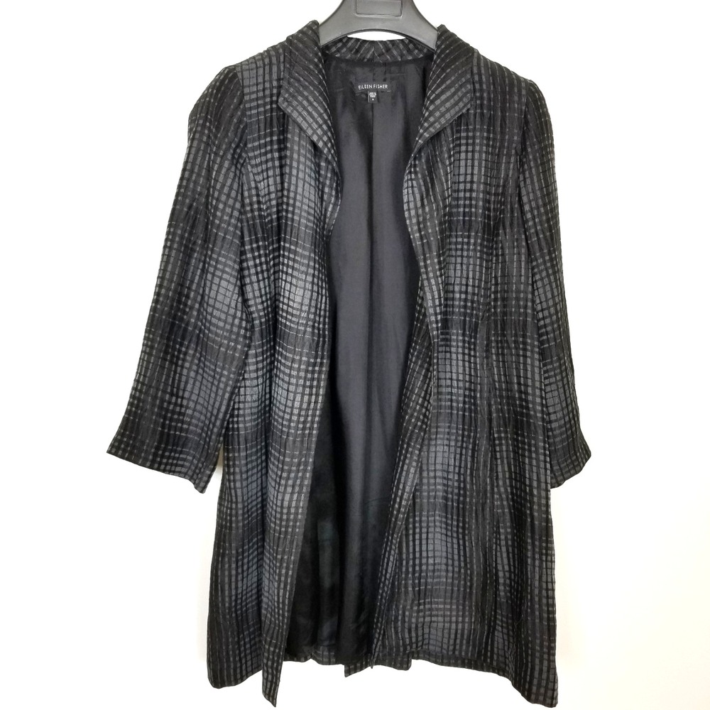 Eileen Fisher Women Linen Blend Open‎ Front Light Jacket Sz S Gray Black Lined